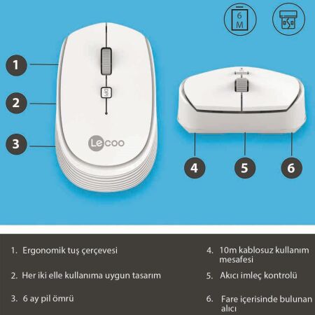 Lecoo WS202 Kablosuz 1200DPI 4 Tuşlu Optik Mouse Beyaz - 2